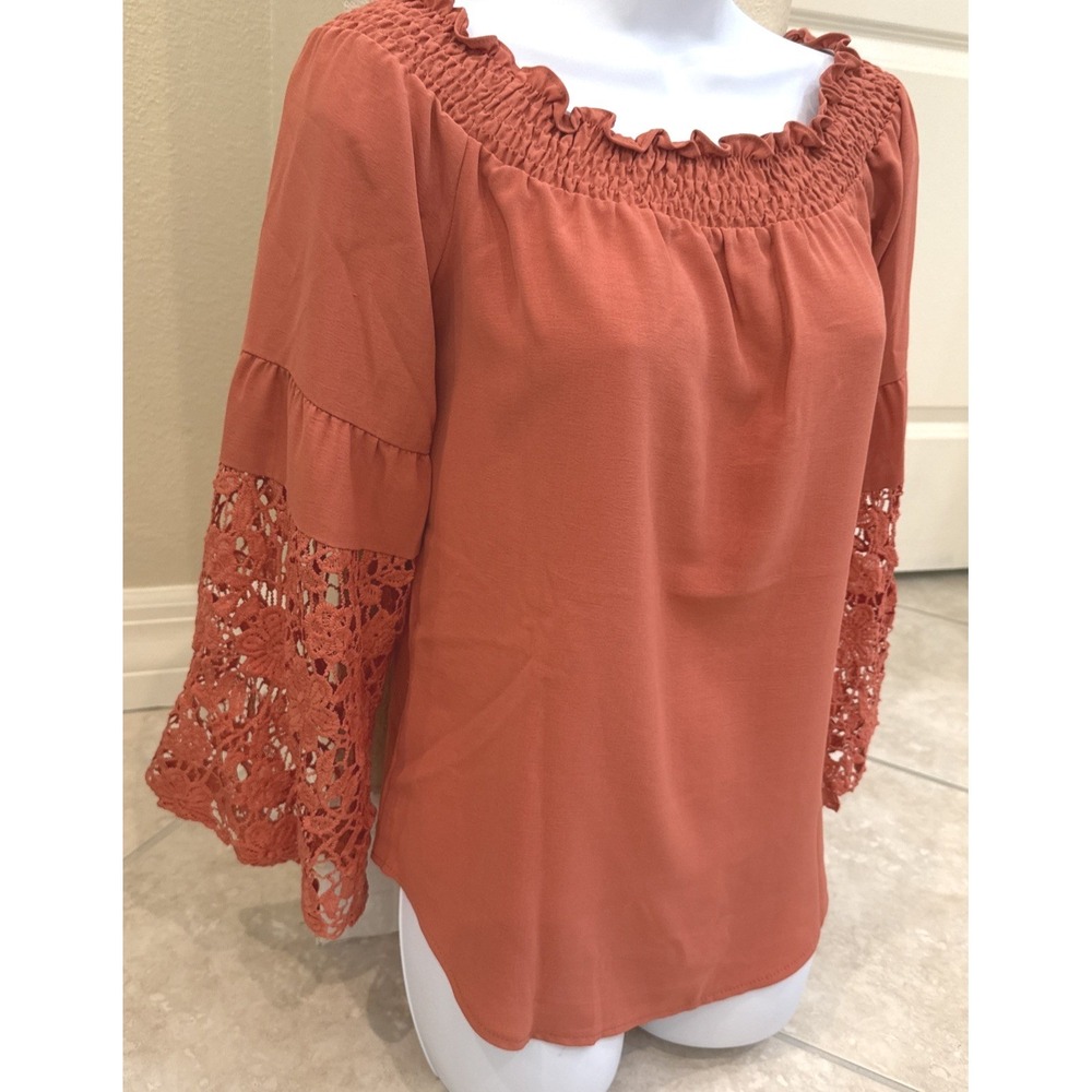 Terracotta Rust Off The Shoulder Bell Sleeve Crochet Lace Boho Blouse Top Sz S/M